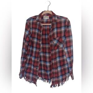 Current/Elliott‎ light distressed fringe bottom flannel shirt size 0 (small)